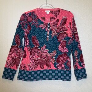 Sundance floral owl print long sleeve henley top pink teal Large Whimsy Boo